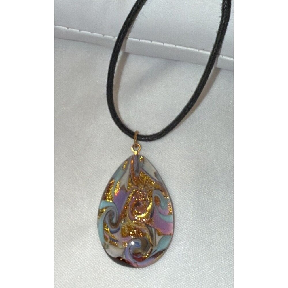 Handmade Artisan Fused Glass Teardrop 16" Necklace Gold Pink Blue w/ Black Cord